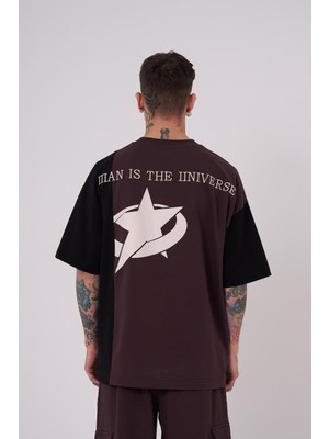 Machinist Erkek Ripped Technical Nakışlı Oversize Tişört Kahverengi