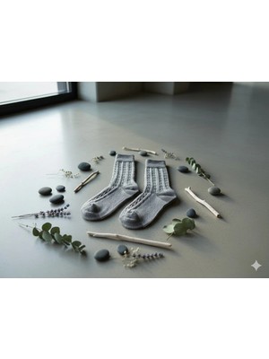 2'li Gri Örgülü Yün Kadın Çorabı