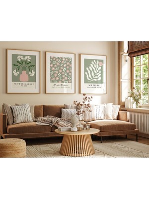 Pam Studio Yeşil Tonlarda Matisse Çiçek Desenli 3’lü Ahşap Tablo Seti – Modern Minimalist Duvar Dekoru