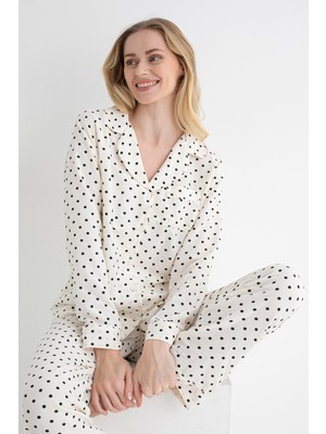 Dofi Kadın 1780 Puantiyeli Pijama Takımı – Uzun Kollu, Düğmeli, Aerobin Kumaş - EKRU