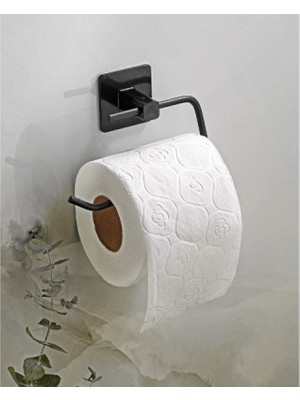 Brentino Metal Siyah Tuvalet Kağıtlığı Yapışkanlı Delmeden Montaj Paslanmaz Mat Siyah Banyo Wc Rulo Askısı
