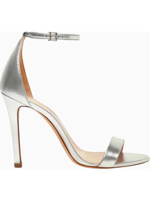 Schutz Gisele 110 Gümüş Nappa Deri Bilekten Bağlamalı, 110MM Ince Topuklu Lüks Sandalet