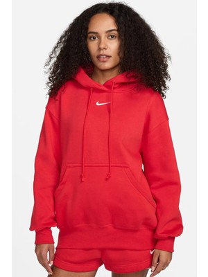 Nike Sportswear Phoenix Fleece Oversize Pullover Hoodie Kadın Kapüşonlu Bol Kesim Sweatshirt Kırmızı