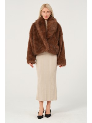 Eva Clothing Kadın Kahverengi Suni Kürk Ceket