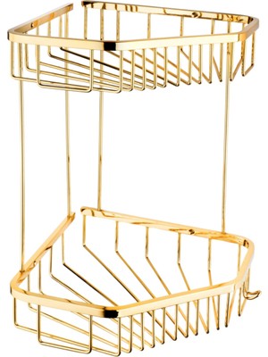 MegaVitrin Tema Elmas 2 Katlı Altın Sarı Pirinç Köşe Banyo Rafı Şampuanlık 19X19 cm