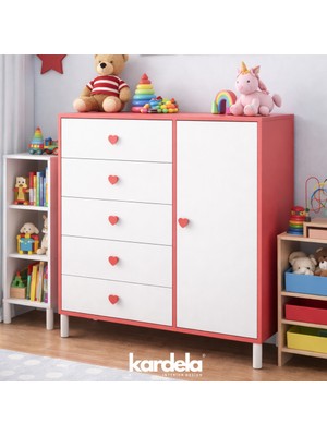 Kardela Home Kardelahome Kardela  Mdf Yetişkin ve Bebek Odası Çocuk Şifonyer 5 Çekmeceli 1 Kapaklı 3 Raflı Pembe ve Beyaz