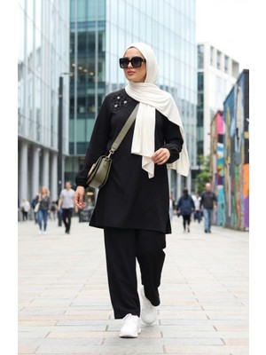 Taş Işlemeli Tunik Pantolon Ikili Takım 0230-01 Siyah