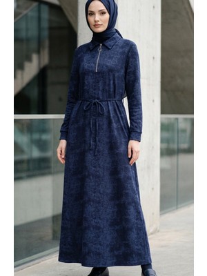 Gömlek Yaka Fermuarlı Bağcıklı Modal Elbise 0235-03 Lacivert
