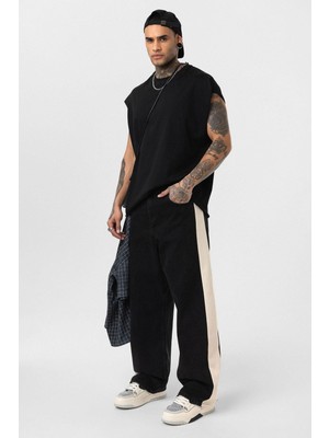 Vamos Yan Şeritli Baggy Fit Jean Siyah