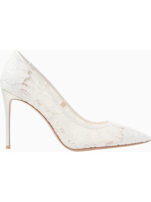 Black Suede Studio Gia 100 Beyaz Dantel ve Deri, Ince Topuklu Stiletto Ayakkabı