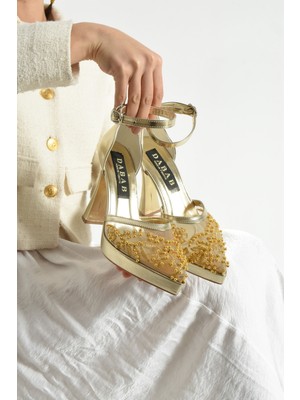 Dabab Shoes Pearly Gold Altın Kadın Platformlu 11CM Topuklu Incili Bilekten Bantlı Abiye Gelin Düğün Ayakkabısı