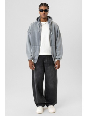 Vamos Premıum Yıkamalı Fermuarlı Oversize Sweatshirt Gri