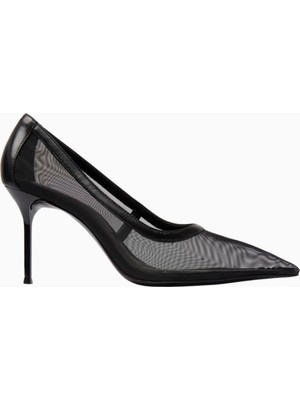 Schutz Sheer 100 Siyah File ve Deri, Sivri Burun Lüks Stiletto Topuklu Ayakkabı