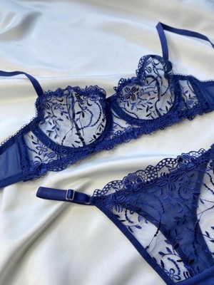 Evelina Lingerie Lacivert Balenli Brode Sütyen Takımı