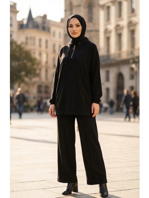 Oysho Kumaş Kapüşonlu Tunik Pantolon Ikili Takım 0236-01 Siyah