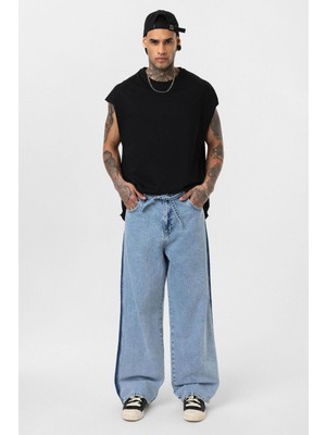 Vamos Kemer Detaylı Şeritli Baggy Jean Açık Mavi Melanj