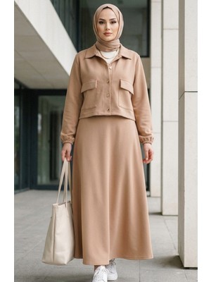 Scuba Kumaş Ceket Elbise Ikili Takım 0233-02 Sütlü Kahve