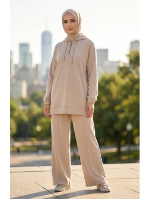 Oysho Kumaş Kapüşonlu Tunik Pantolon Ikili Takım 0236-03 Bej