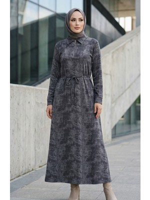 Gömlek Yaka Fermuarlı Bağcıklı Modal Elbise 0235-02 Antrasit