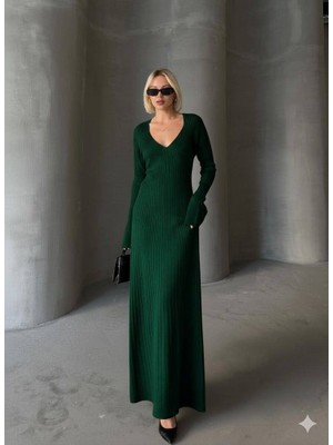 Trendparis V Yaka Uzun Kollu Fitilli Triko Elbise