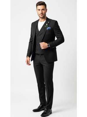 Plus Scorpion Erkek 3 Parça Takım Elbise | Sivri Yaka, Tek Düğme, Çift Yırtmaç, Armürlü Kumaş