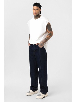 Vamos Dikiş Detaylı Relaxed Fit Jean Koyu Mavi