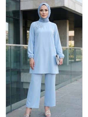 Taş Işlemeli Tunik Pantolon Ikili Takım 0230-06 Mavi