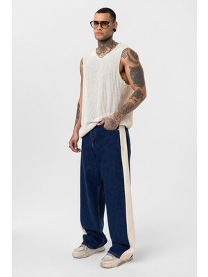 Vamos Yan Şeritli Baggy Fit Jean Mavi
