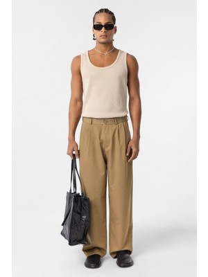 Vamos Baggy Fit Pileli Kumaş Pantolon Haki