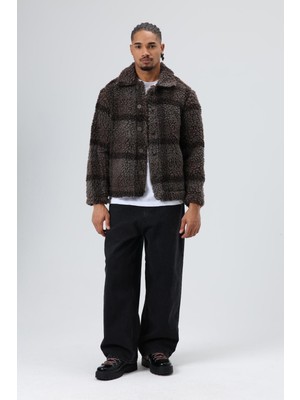 Vamos Oversize Peluş Ekose Ceket Kahve