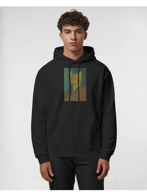 Muhtar Store Erkek Van Gogh Kedi Portresi Baskılı Siyah Hoodie – 3 Iplik Şardonlu Kapüşonlu Sweatshirt