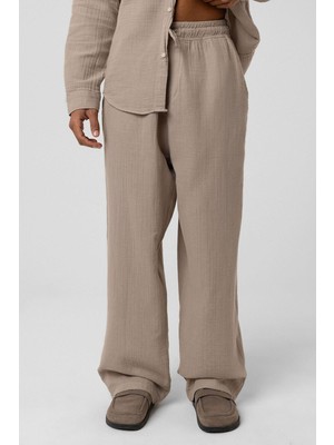 Vamos Baggy Fit Müslin Keten Pantolon Vizon