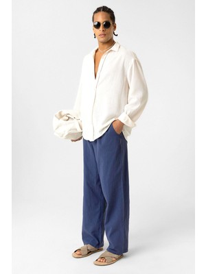 Vamos Bel Lastikli Baggy Fit Keten Pantolon Lacivert