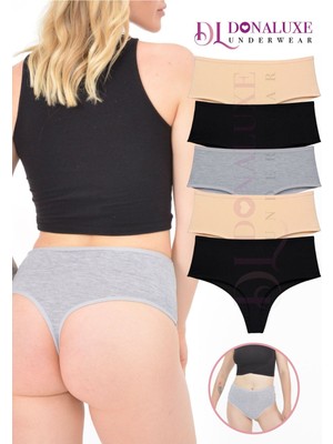 Donaluxe Kadın Yüksek Bel Tanga Gri Siyah Ten Pamuklu Yumuşak Kumaş 5'li Paket Külot