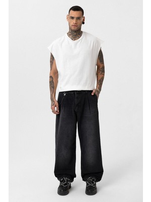 Vamos Pileli Zincir Detaylı Baggy Jean Antrasit