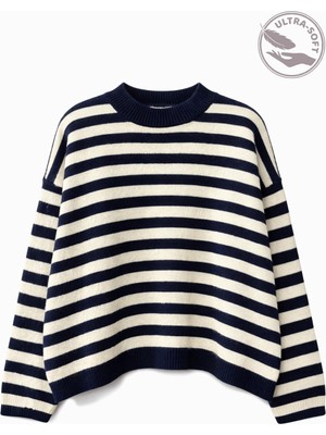 Mixray 7016 Kadın Çizgili Oversize Basic Triko Kazak Lacivert