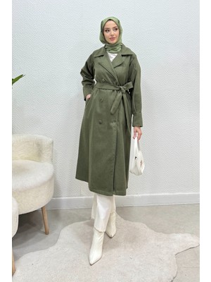 Tesettür Diyarı Yenal Astarsız Kuşaklı Tesettür Kaban- Haki