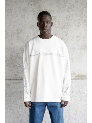 Machinist Erkek Baskılı Uzun Kollu Tişört Ekru