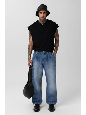 Vamos Pileli Zİncir Detaylı Baggy Jean Mavi