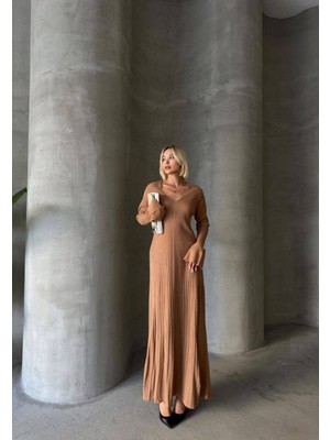 Trendparis V Yaka Uzun Kollu Fitilli Triko Elbise