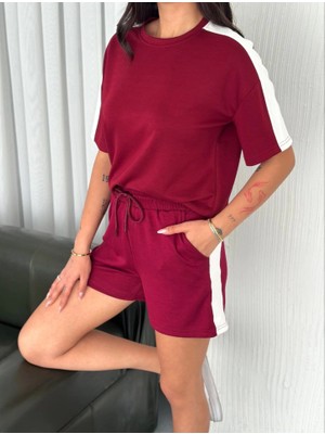 Başak Collection Osy Modal Yumuşak Dokulu Kumaş Parçalı Bisiklet Yaka T-Shirt Kısa Şort Ikili Takım -  Bordo