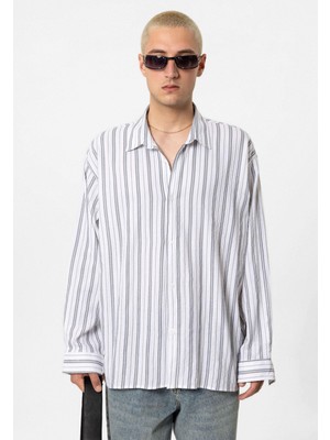 Vamos Çizgili Uzun Kollu Oversize Keten Gömlek Gri