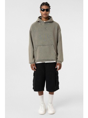 Vamos Yıkamalı Yırtık Detaylı Oversize Sweatshirt Vizon