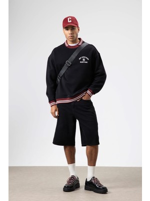 Vamos Oversize Yaka Nakış Detaylı Sweatshirt Siyah
