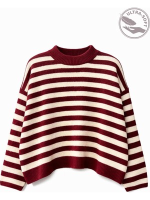 Mixray 7016 Kadın Çizgili Oversize Basic Triko Kazak Bordo