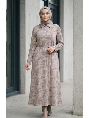Gömlek Yaka Fermuarlı Bağcıklı Modal Elbise 0235-01 Vizon