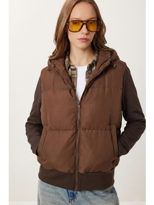 Happiness İstanbul Su ve Rüzgar Geçirmez Kapüşonlu Şişme Mont LNT0021 Kahverengi