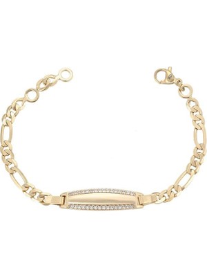 SERENES Zirkon Taşlı  Plaka Detaylı 14 Ayar Altın Kaplama Figaro Zincir Kadın Bileklik