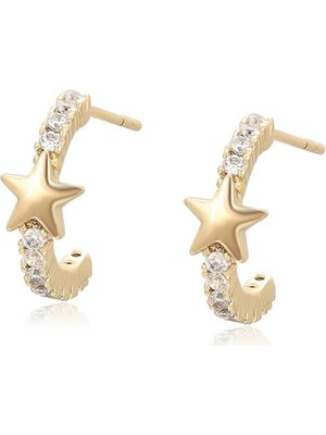 SERENES Zirkon Taşlı Işıltılı Yıldız Figürlü 14 Ayar Altın Kaplama Çivi Kadın Küpe