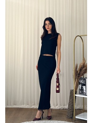 Klex Bisiklet Yaka Kolsuz Üst ve Kalem Etek Ikili Takım-Siyah - M